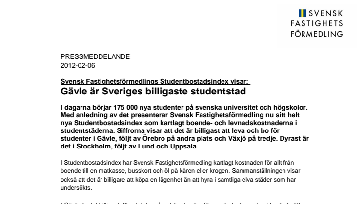 Svensk Fastighetsförmedlings Studentbostadsindex visar: Gävle är Sveriges billigaste studentstad