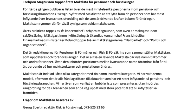 Torbjörn Magnusson toppar årets Maktlista för pensioner och försäkringar