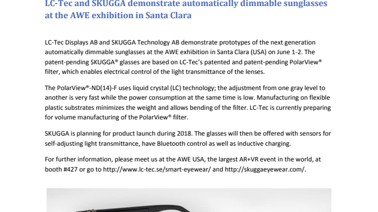 LC-Tec Holding AB - LC-Tec and SKUGGA demonstrate automatically dimmable sunglasses at the AWE exhibition in Santa Clara (170529)