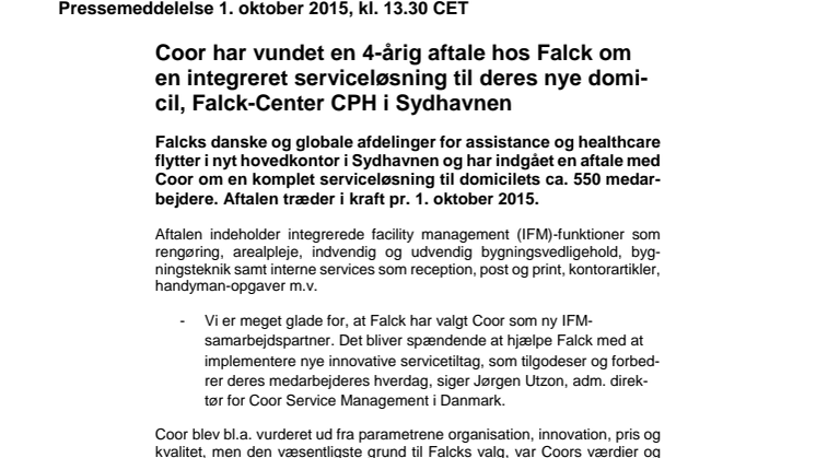 Coor har vundet en 4-årig aftale hos Falck om en integreret serviceløsning til deres nye domicil, Falck-Center CPH i Sydhavnen