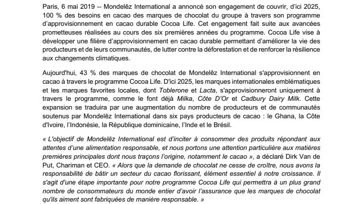 Mondelēz International s’engage à couvrir 100% de ses besoins en cacao durable à travers son programme Cocoa Life pour l’ensemble de ses marques de chocolat d’ici à 2025