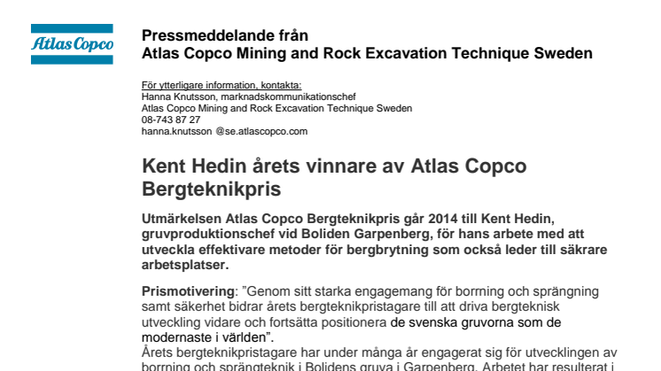 Kent Hedin årets vinnare av Atlas Copco Bergteknikpris!