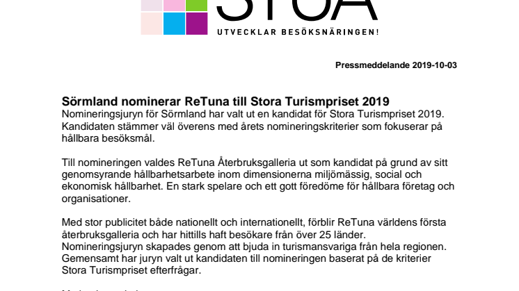 Sörmland nominerar ReTuna till Stora Turismpriset 2019