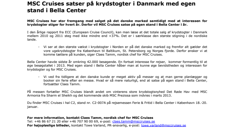 MSC Cruises satser på krydstogter i Danmark med egen stand i Bella Center