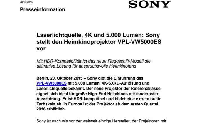 Laserlichtquelle, 4K und 5.000 Lumen: Sony stellt den Heimkinoprojektor VPL-VW5000ES vor