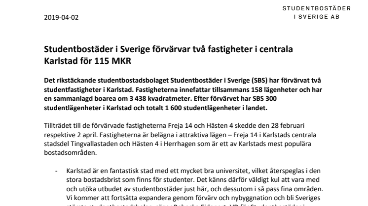 Studentbostäder i Sverige förvärvar två fastigheter i centrala Karlstad för 115 MKR