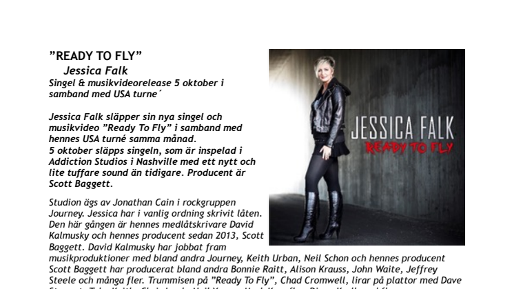 Jessica Falk släpper idag ny singel och musikvideo - "Ready To Fly" inför kommande USA turné i oktober.