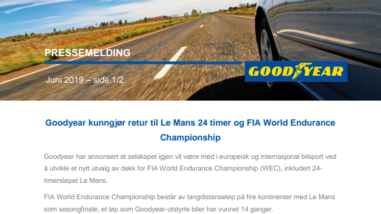 Goodyear kunngjør retur til Le Mans 24 timer og FIA World Endurance Championship