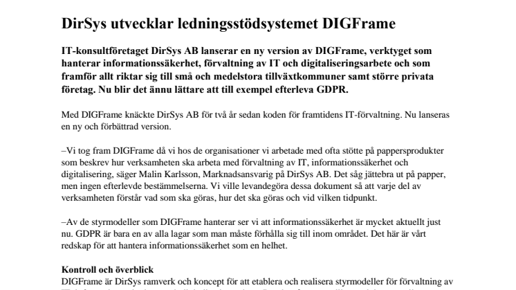 DirSys utvecklar ledningsstödsystemet DIGFrame