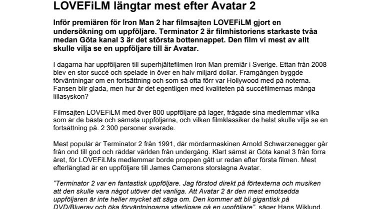 LOVEFiLM längtar mest efter Avatar 2