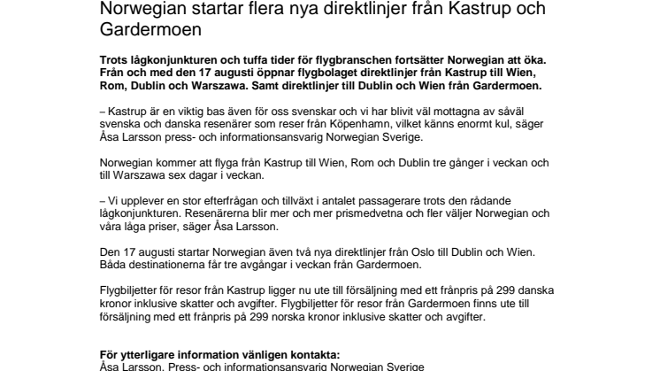 Norwegian startar flera nya direktlinjer från Kastrup och Gardermoen