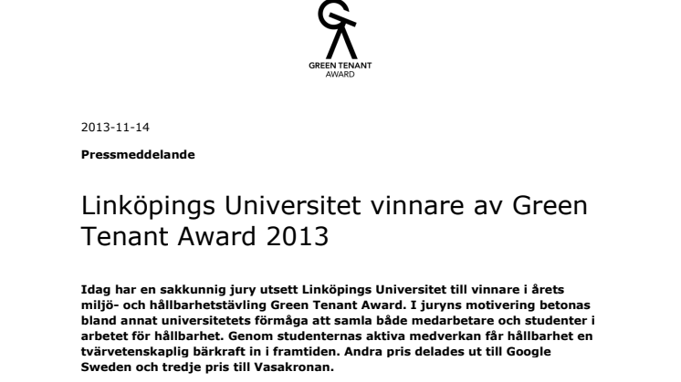 Linköpings Universitet vinnare av Green Tenant Award