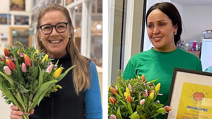 Överraskade och glada vinnare: Carola Persson, SAVO, och Fatima-Ezzahra Chakib, Trädgårdens äldrecentra.