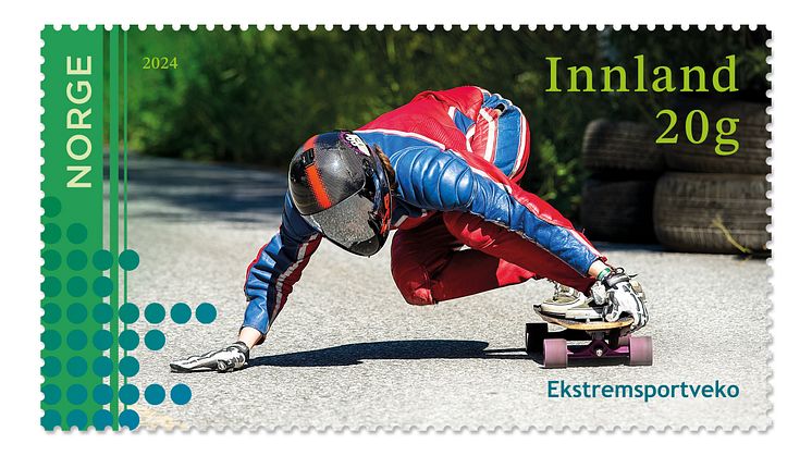 ACTIONFYLT: Ekstremsportveko er motiv på de nye frimerkene fra Posten. Foto: Posten Bring