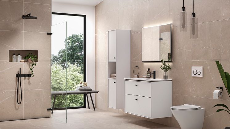IDO Glow Modern seinä-wc, IDO Sense Art kalusteet ja Geberit Option peili