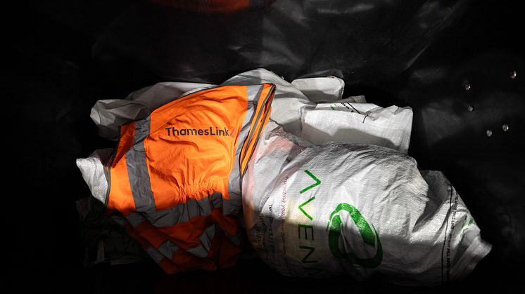 Thameslink, Southern, Great Northern and Gatwick Express uniforms are all being recycled. Pictured is a Thameslink hi-vis in a recycling bin at Blackfriars station (more pictures below)
