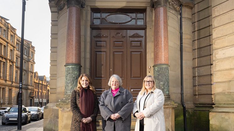 From l-r: North East Mayor, Kim McGuinness; Claire Malcolm, CEO of New Writing North; and Cllr Karen Kilgour, Leader of Newcastle City Council, pictured outside Bolbec Hall.