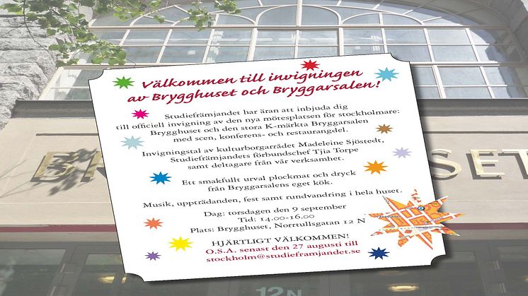 Pressinbjudan till invigningen av Studiefrämjandets nya hus - Brygghuset och Bryggarsalen