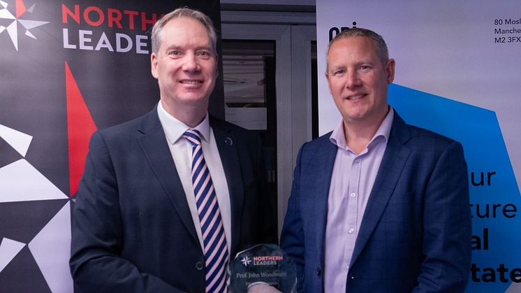 Professor John Woodward, Northumbria University, receiving the Education Champion Award presented by Andy Dunn, CG Professional, at the Northern Leaders Awards.