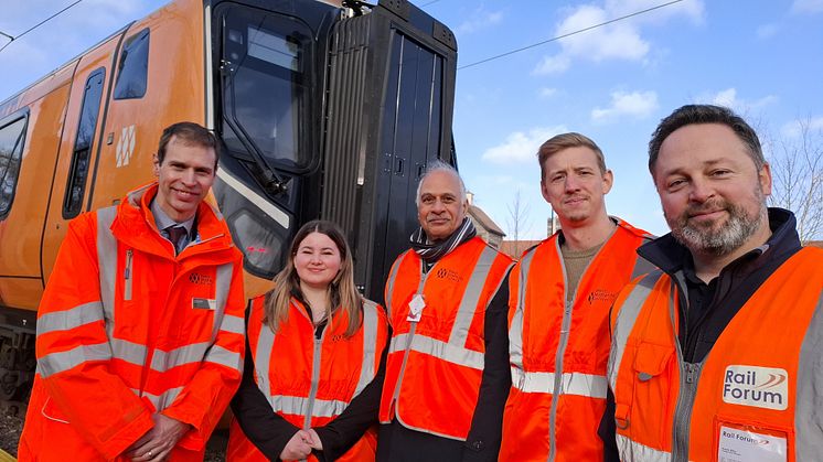 (l-r) John Doughty, West Midlands Railway; Rosie Coyle, Coventry City Council; Cllr Pervez Akhtar, Coventry City Council; Edward Hughes, National Skills Academy for Rail; and Dave Ellis, RailForum viewing upgrades and a Cl.730 at Coventry North Yard.