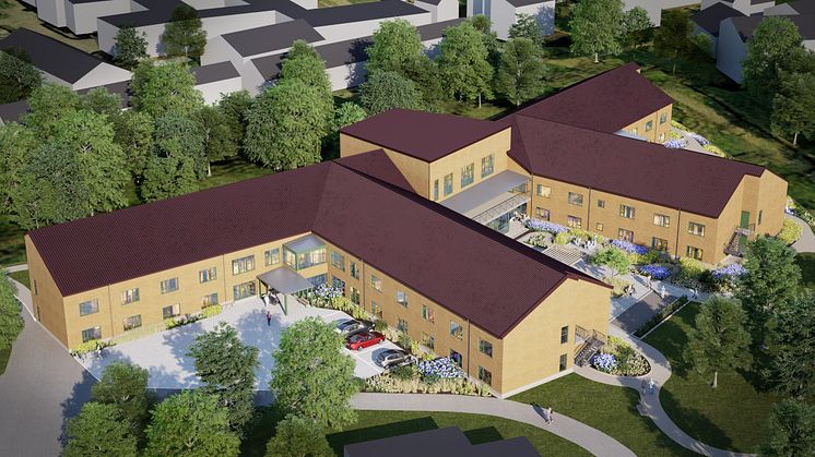Det nya äldreboendet i Borgholm är utformat så att de olika delarna är vinklade mot varandra, vilket skapar fina uterum. Äldreboendet byggs efter Miljöbyggnad Silver. Bild: SWECO Sverige AB