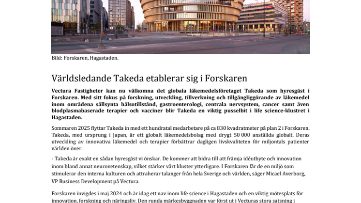 Pressmeddelande: Takeda flyttar in i Forskaren