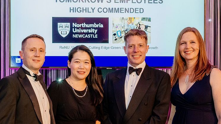L-R: Professor Neil Beattie, Director of ReNU; Dr Li Chin Khor, ReNU Centre Manager; Dr Paul Steadman, Sustainability Manager at Northumbria University; and Jo Allatt, Head of Sustainability at UKRI who presented the awards.
