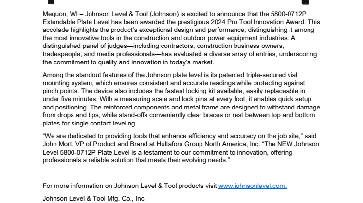 Johnson Level 5800-0712P PTIA Press Release.pdf