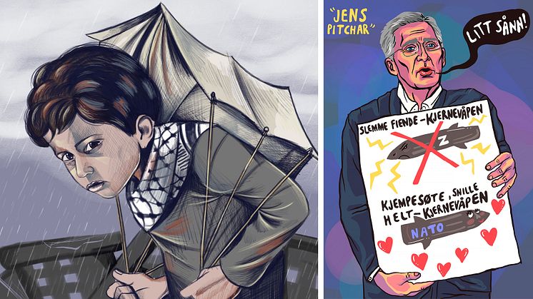 Den 7 november delas årets EWK-pris ut på Fullersta Gård i Huddinge. Samtidigt delas ett hedersomnämnande ut till svenska Tecknaruppropet. Illustration: Mohammad Sabaaneh, Ella Jax  