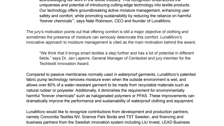 Press release - LunaMicro AB wins Techtextil's 2024 Innovation Award!.pdf