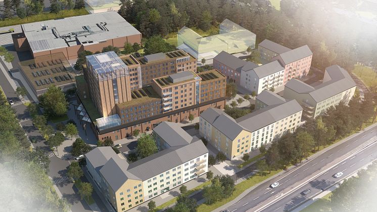 Flygvy över det kommande kvarteret på Finnslätten