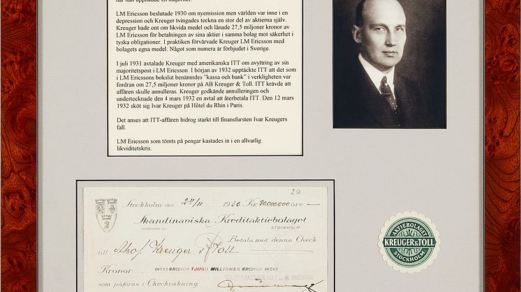 KREUGER & TOLL, CHECK FRÅN L.M. ERICSSON, 20 miljoner kr, daterad 1930