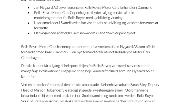 Rolls-Royce Motor Cars autoriserer forhandler i Danmark