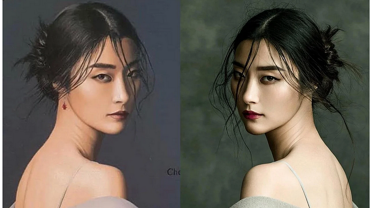 Jeff Dieschburg’s painting, left. Jingna Zhang’s photo, right