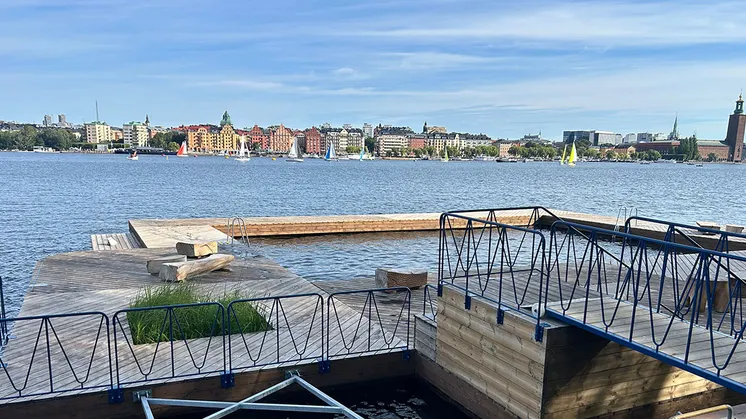 Badbryggor i vattnet vid Söder Mälarstrand i Stockholm och i bakgrunden syns båtar, stadsbilden och stadshuset i horisonten.