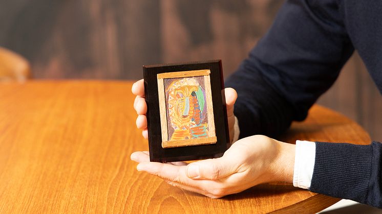 Asger Jorn- Uden titel, ca. 1944-45. Usign. Olie på plade indrammet med krydsfiner. 9 x 6,5. Lysmål 7,5 x 5....jpg