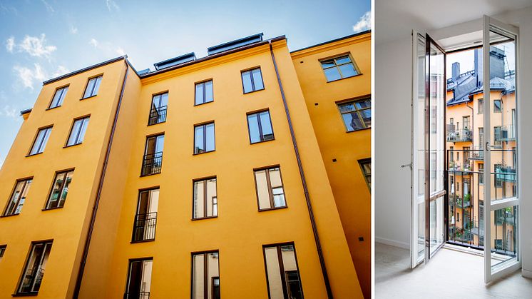 Ett trähus mitt i stenstaden. Modellen 4 har utsetts till Årets Bygge kategori Bostad. Foto: Wallfast