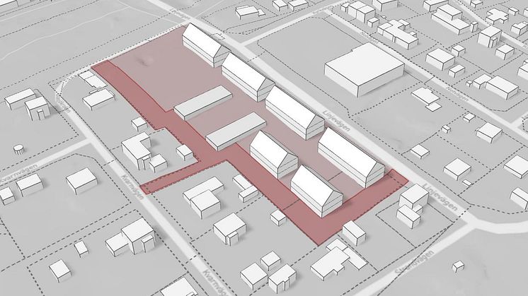 Nya bostäder ska byggas längs Linjevägen i Obbola. Bilden visar en förenklad volymillustration av en möjlig exploatering utifrån den nya detaljplanen, sett från sydost.