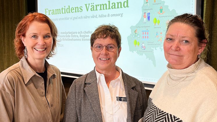 Jenny Wennberg, Samverkansledare Nya perspektiv på Region Värmland, Ingela Agnarsson, verksamhetschef Vårdcentralsområde östra Region Värmland och Eva Lotta Lindskog, förvaltningschef Stöd, vård och omsorgförvaltningen i Kristinehamns kommun.