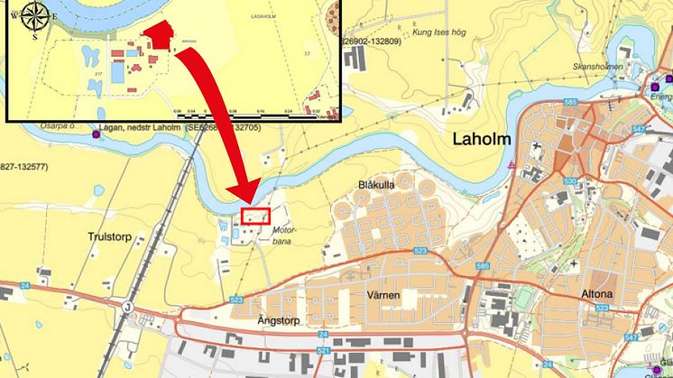 Karta över Laholm, med Ängstorp där tomten med rökövningsbyggnaden ligger.
