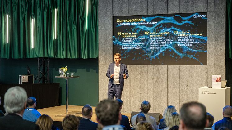 Kristofer Ternstedt, CPO and Head of Group Procurement, Saab, drog storpublik till sitt föredrag om de ökade kraven på underleverantören till försvarindustrin under Elmia Subcontractors andra dag.