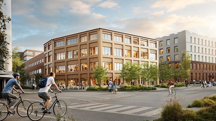 Illustration över tillbyggnaden i trä som kommer förstärka Campus Sickla