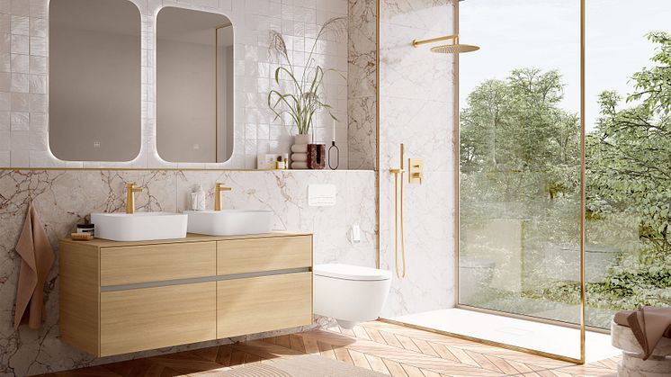 In einem modernen Lifestyle-Badezimmer von Villeroy & Boch steht ein Doppel-Waschtisch im Mittelpunkt.
