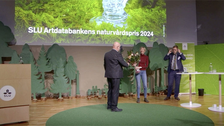 Lena Gustafsson får SLU Artdatabanken naturvårdspris vid konferensen Flora- och faunavård 2024.