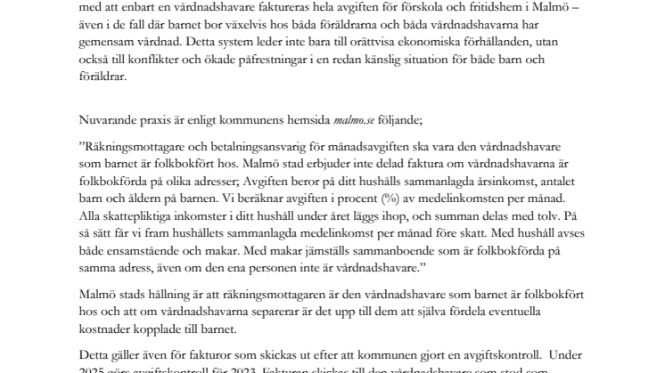 Motion Beräkningsgrund och fakturering av avgift för förskola och fritidshem vid separerade vårdnadshavare - inlämnad kommunfullmäktige 24 april 2025.pdf
