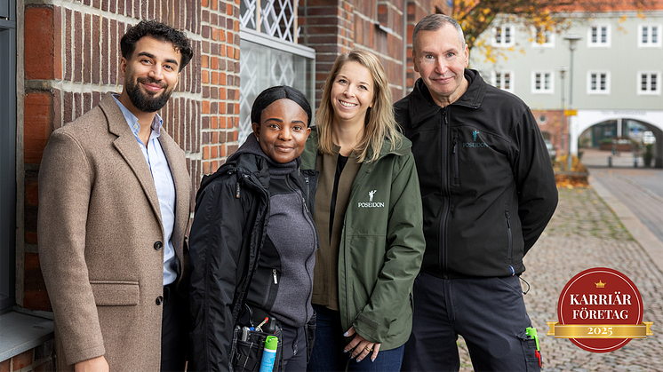 Fyra av kollegorna på Poseidon. "Ambitionen är att fortsätta attrahera och bygga plats för talanger som vill bidra och vara en självklar del av lösningen för ett bättre Göteborg", säger HR-chef Daniel Svärd.