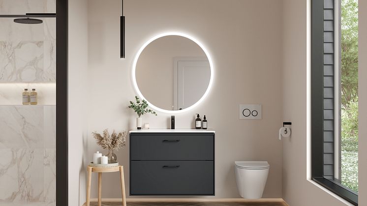 IDO Sense Art -kaluste laavan harmaana, Geberit Option -peili ja IDO Glow Modern -istuin.tif