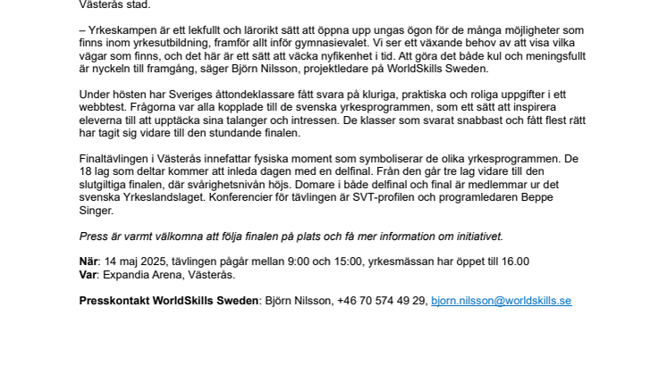 Pressmeddelande Yrkeskampen 2025 - WorldSkills Sweden.pdf