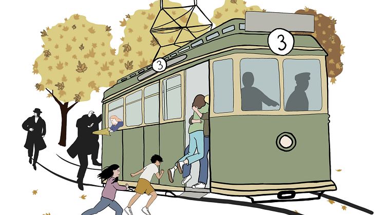 De fem hoppar på treans spårvagn i Malmö. Tidsresa ur "Nyckelbärarna och den gyllene cylindern". Illustration: Säde Virkamäki