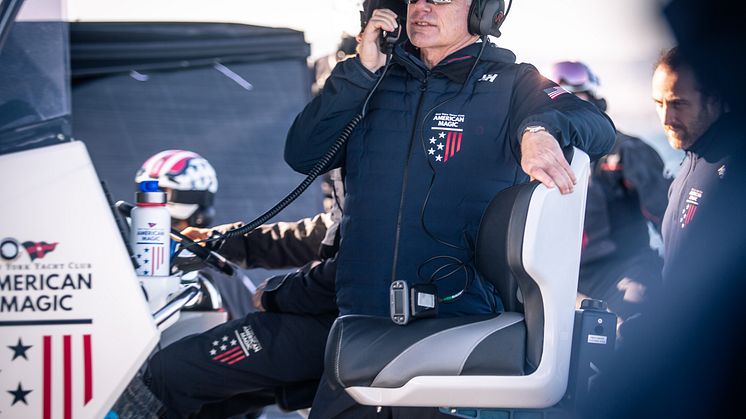 Terry Hutchinson, Skipper and President of Sailing Operations of American Magic, the U.S. Challenger for the 37th America’s Cup, aboard the chase boat supporting the crew of race yacht Patriot, including access to purified water.